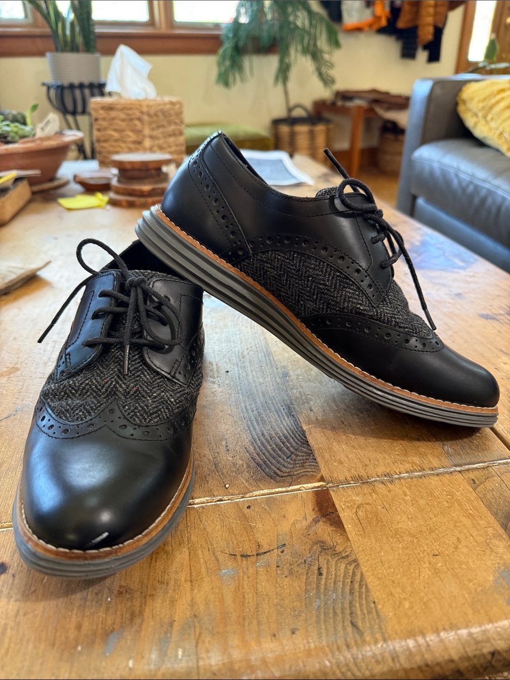 Cole Haan ZERØGRAND Black Leather & Herringbone Wool Wingtip Oxfords-Size 8.5